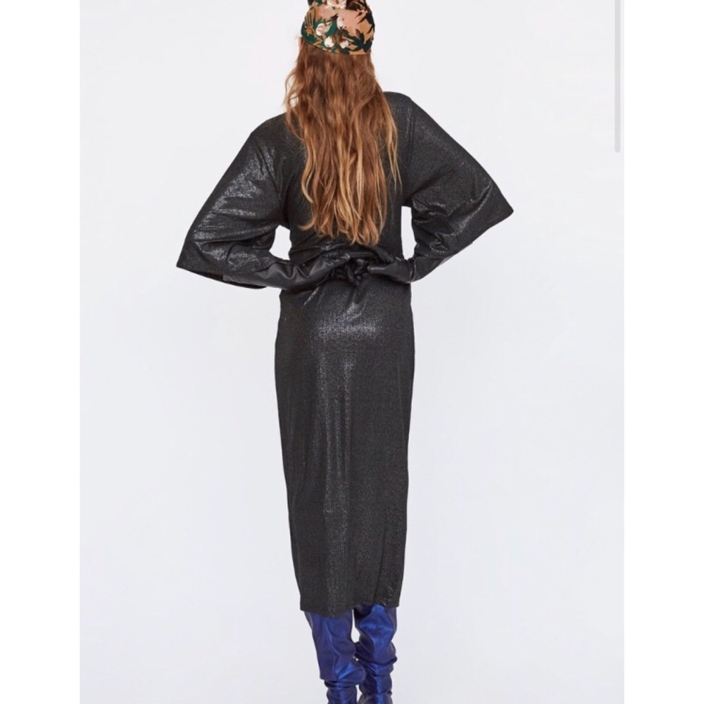 Zara Front Knot Twist Midi Metallic Black Dress - Picture 3 of 10